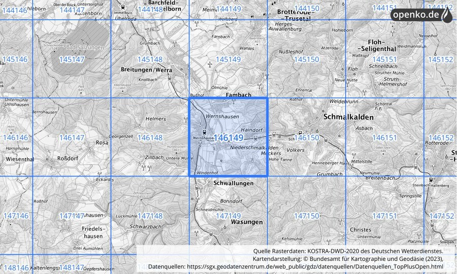 Übersichtskarte des KOSTRA-DWD-2020-Rasterfeldes Nr. 146149