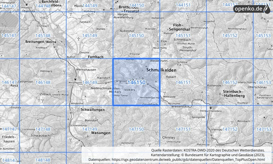 Übersichtskarte des KOSTRA-DWD-2020-Rasterfeldes Nr. 146150