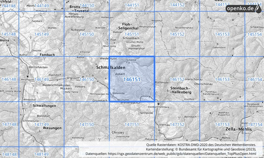 Übersichtskarte des KOSTRA-DWD-2020-Rasterfeldes Nr. 146151