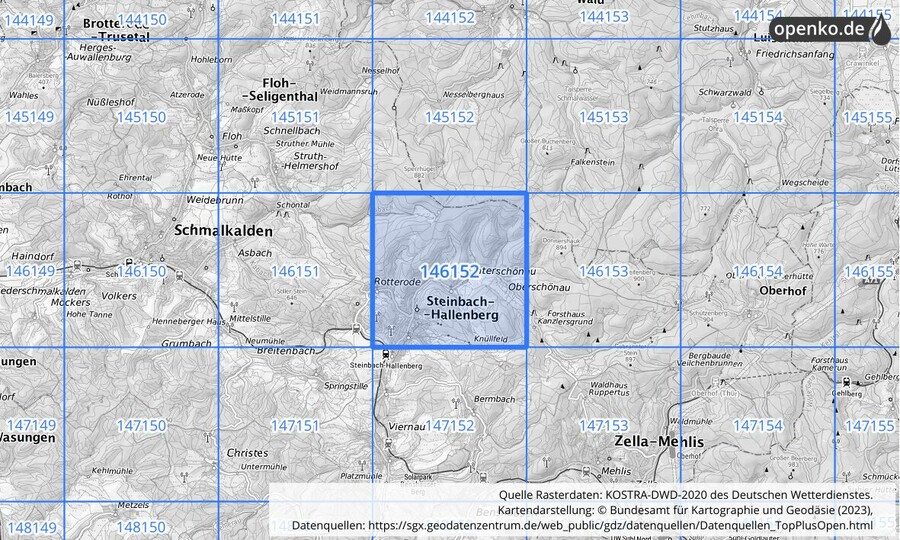 Übersichtskarte des KOSTRA-DWD-2020-Rasterfeldes Nr. 146152