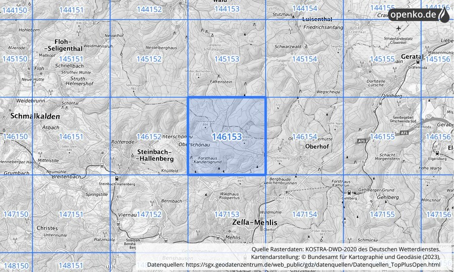 Übersichtskarte des KOSTRA-DWD-2020-Rasterfeldes Nr. 146153