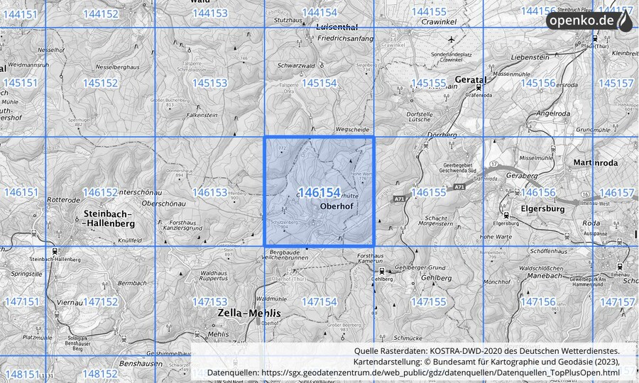 Übersichtskarte des KOSTRA-DWD-2020-Rasterfeldes Nr. 146154
