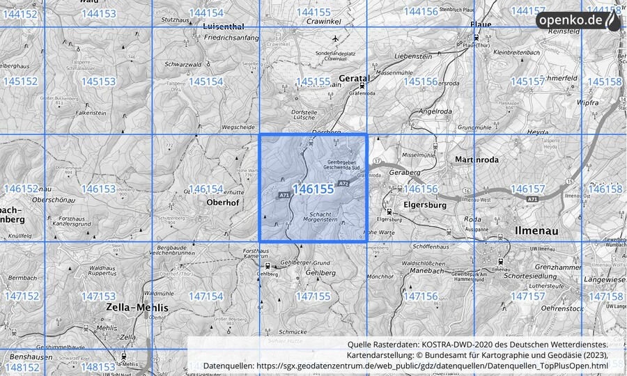 Übersichtskarte des KOSTRA-DWD-2020-Rasterfeldes Nr. 146155