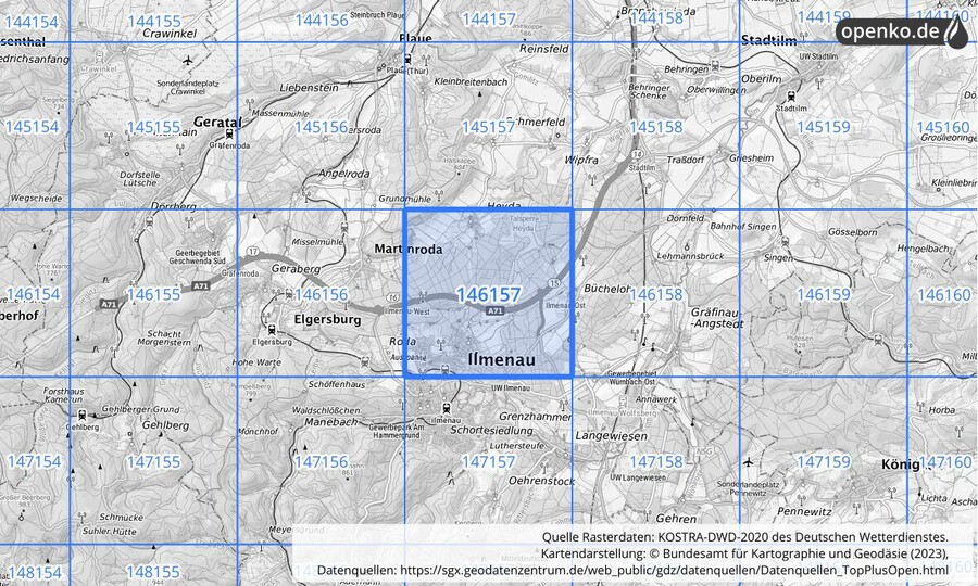 Übersichtskarte des KOSTRA-DWD-2020-Rasterfeldes Nr. 146157