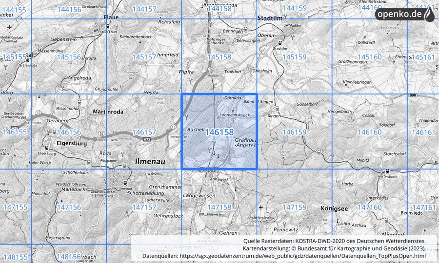 Übersichtskarte des KOSTRA-DWD-2020-Rasterfeldes Nr. 146158