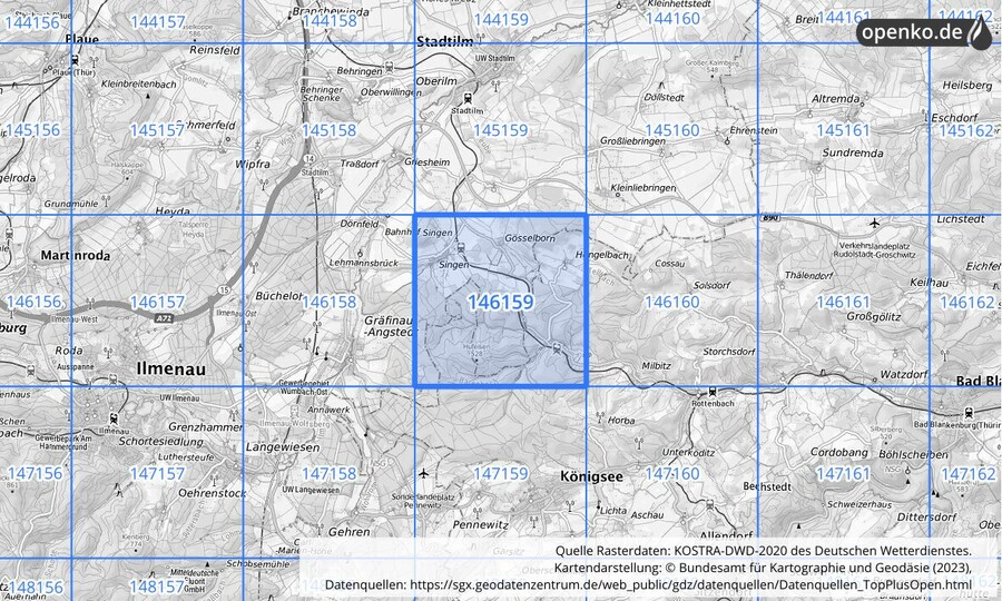Übersichtskarte des KOSTRA-DWD-2020-Rasterfeldes Nr. 146159