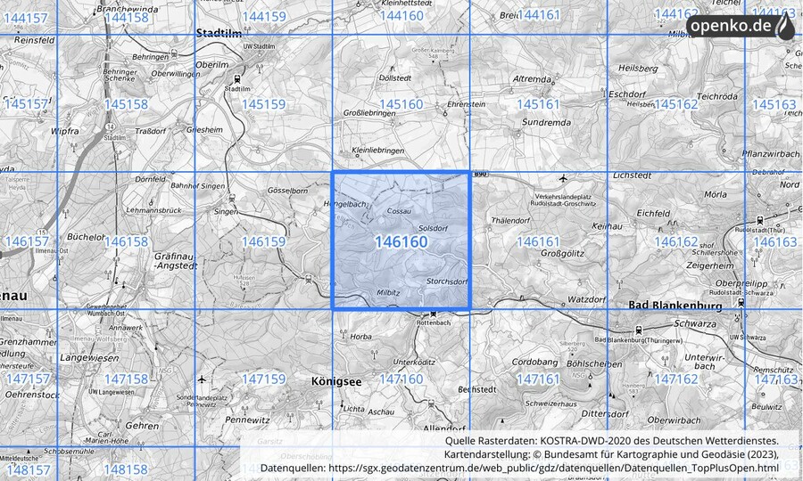 Übersichtskarte des KOSTRA-DWD-2020-Rasterfeldes Nr. 146160