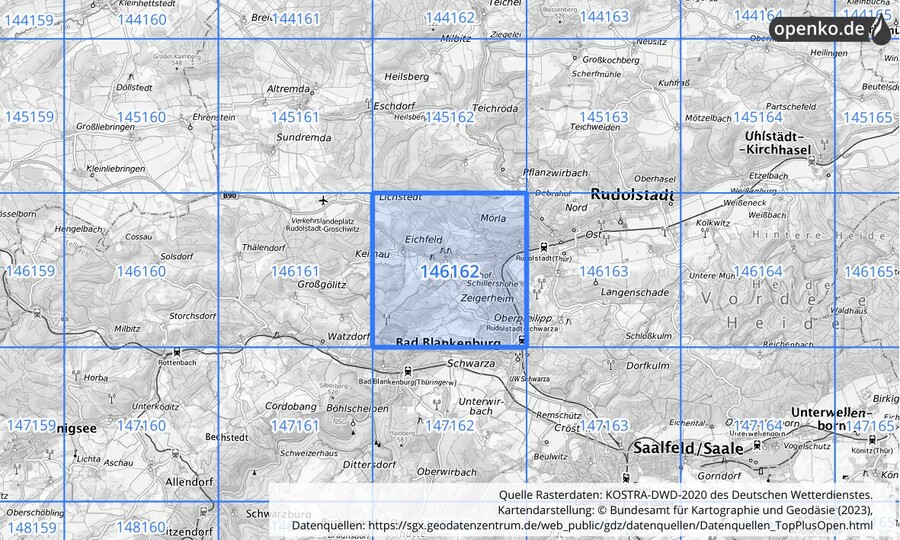 Übersichtskarte des KOSTRA-DWD-2020-Rasterfeldes Nr. 146162