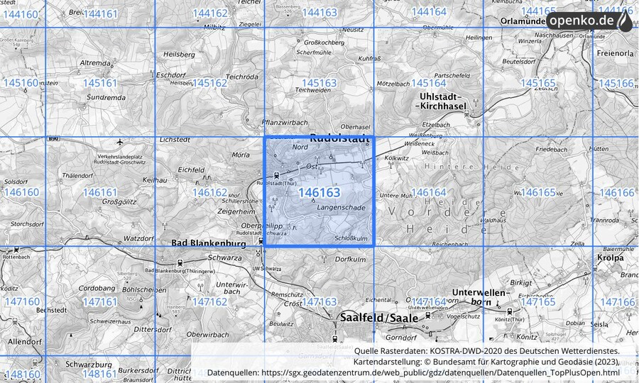 Übersichtskarte des KOSTRA-DWD-2020-Rasterfeldes Nr. 146163