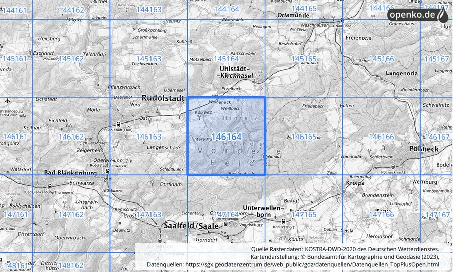 Übersichtskarte des KOSTRA-DWD-2020-Rasterfeldes Nr. 146164