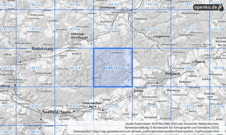 Übersichtskarte des KOSTRA-DWD-2020-Rasterfeldes Nr. 146165