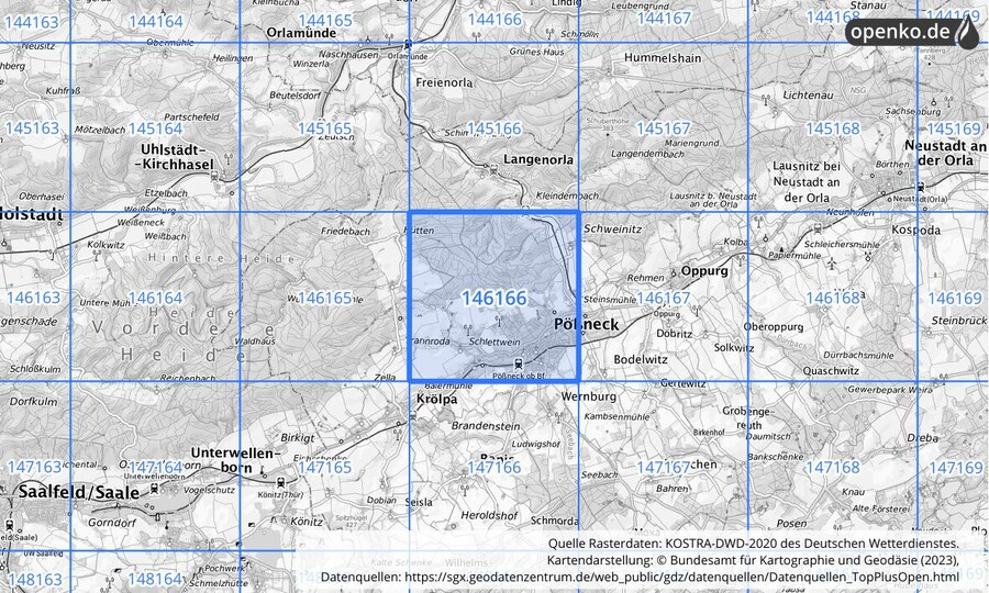 Übersichtskarte des KOSTRA-DWD-2020-Rasterfeldes Nr. 146166