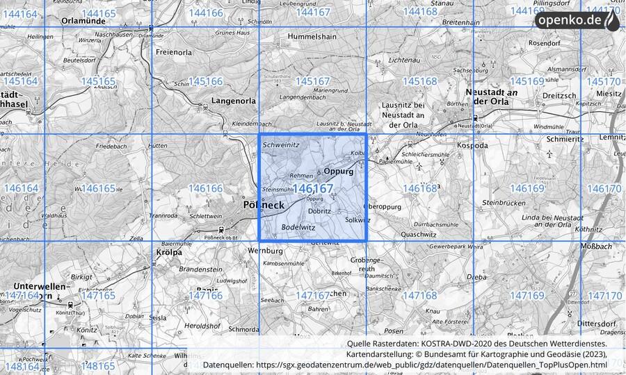 Übersichtskarte des KOSTRA-DWD-2020-Rasterfeldes Nr. 146167