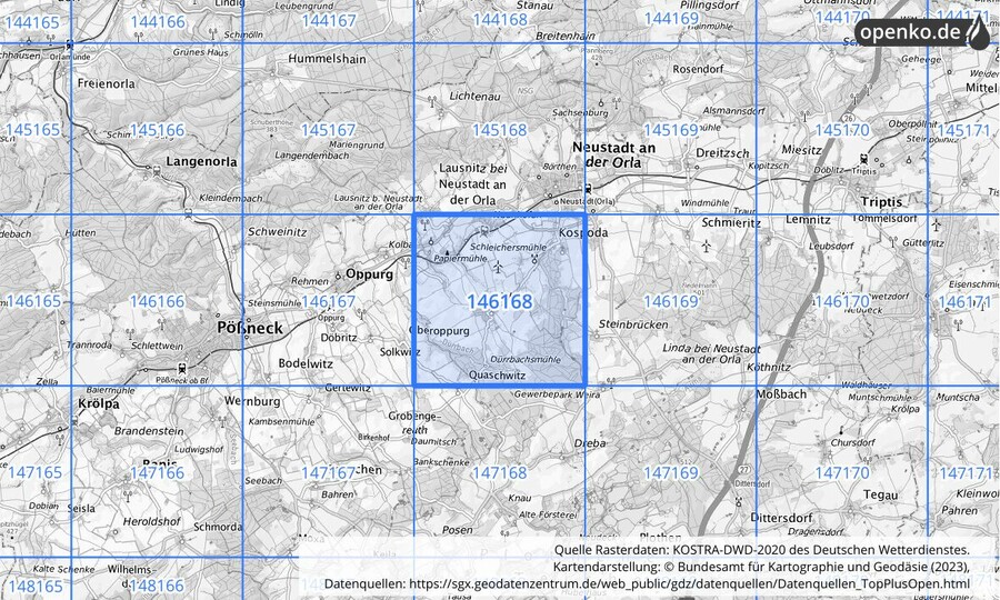 Übersichtskarte des KOSTRA-DWD-2020-Rasterfeldes Nr. 146168