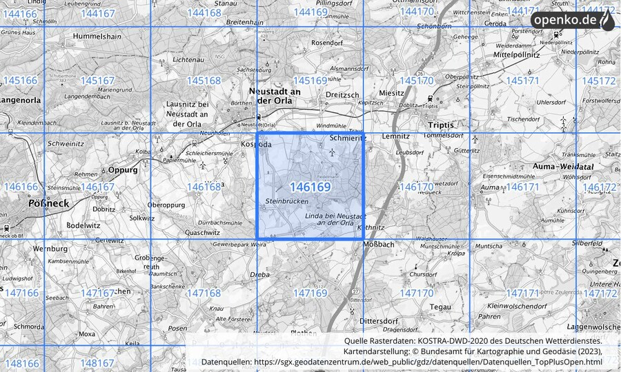 Übersichtskarte des KOSTRA-DWD-2020-Rasterfeldes Nr. 146169