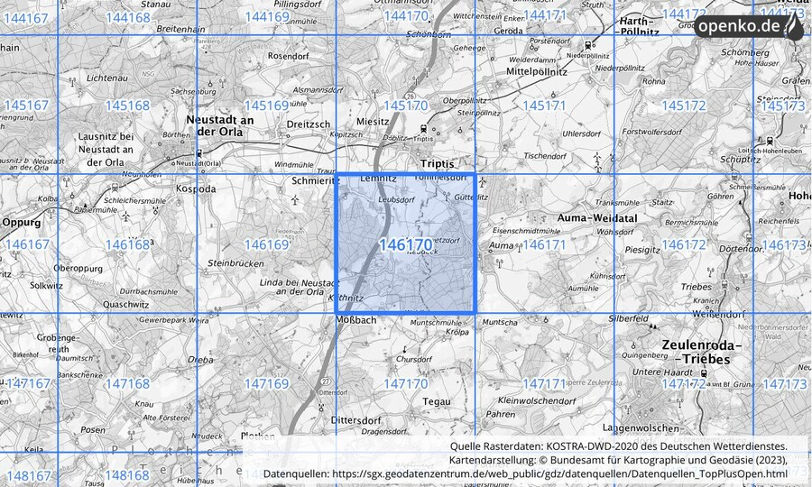 Übersichtskarte des KOSTRA-DWD-2020-Rasterfeldes Nr. 146170
