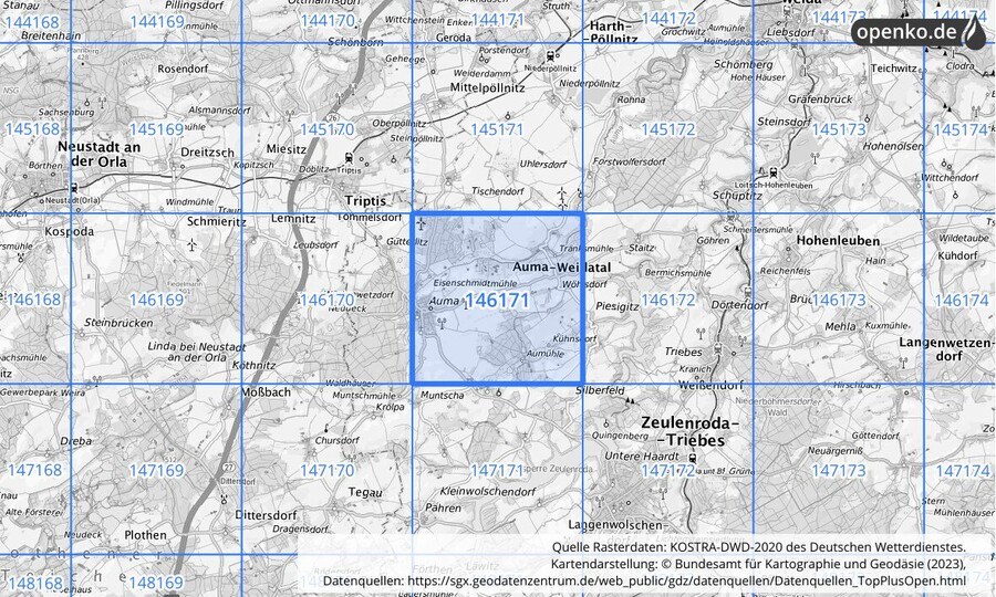 Übersichtskarte des KOSTRA-DWD-2020-Rasterfeldes Nr. 146171
