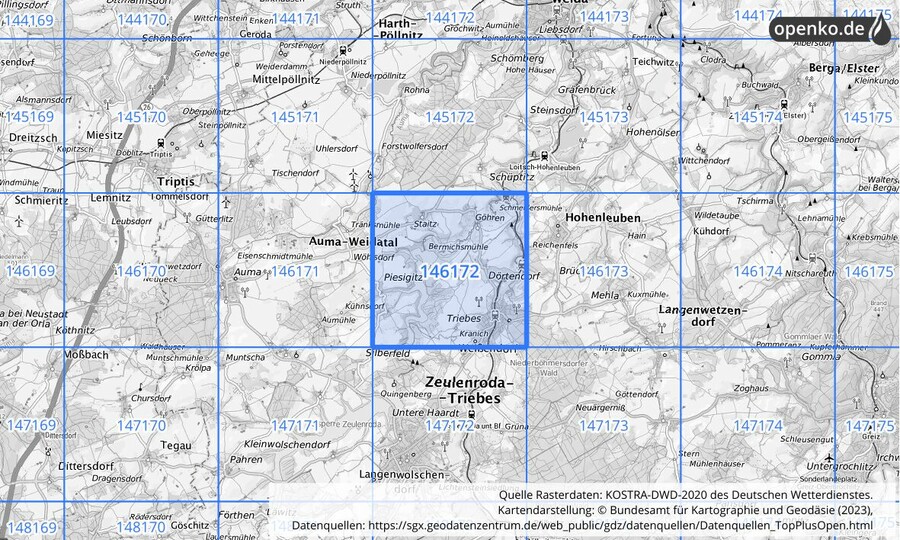 Übersichtskarte des KOSTRA-DWD-2020-Rasterfeldes Nr. 146172