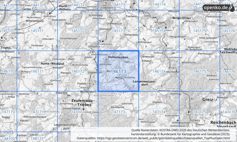 Übersichtskarte des KOSTRA-DWD-2020-Rasterfeldes Nr. 146173