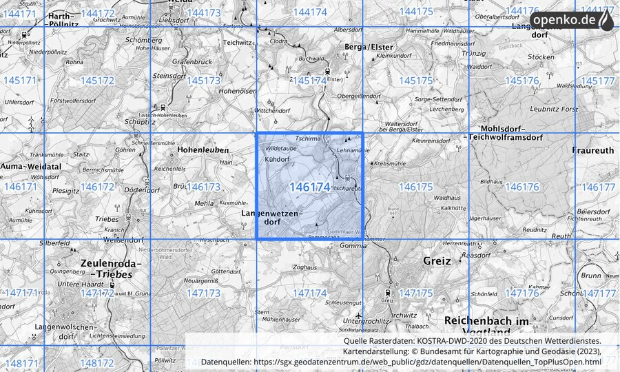 Übersichtskarte des KOSTRA-DWD-2020-Rasterfeldes Nr. 146174