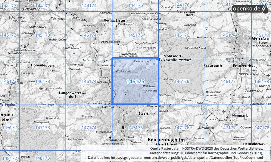 Übersichtskarte des KOSTRA-DWD-2020-Rasterfeldes Nr. 146175