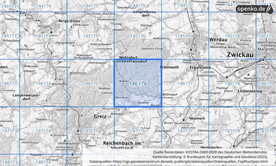 Übersichtskarte des KOSTRA-DWD-2020-Rasterfeldes Nr. 146176