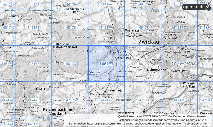 Übersichtskarte des KOSTRA-DWD-2020-Rasterfeldes Nr. 146177