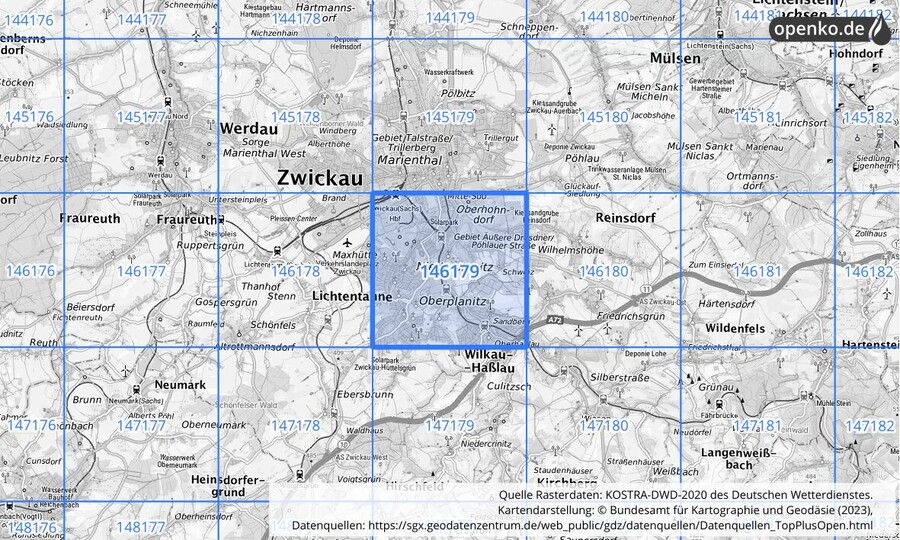 Übersichtskarte des KOSTRA-DWD-2020-Rasterfeldes Nr. 146179