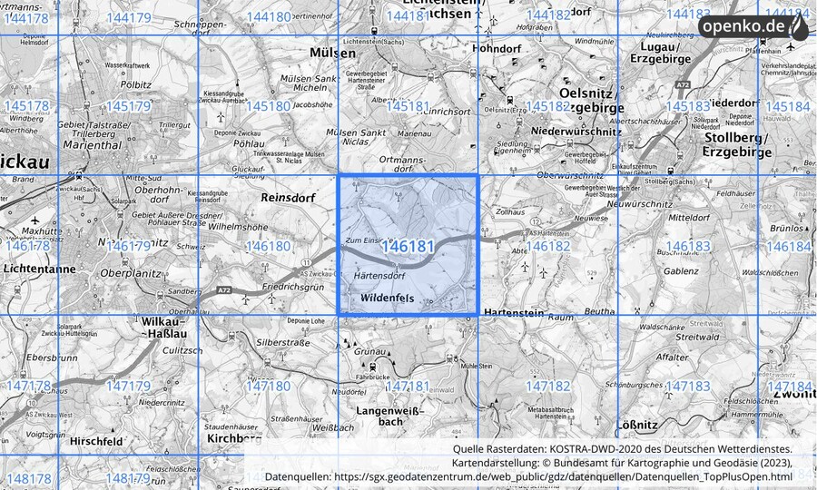Übersichtskarte des KOSTRA-DWD-2020-Rasterfeldes Nr. 146181