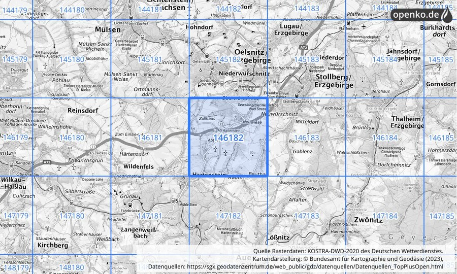 Übersichtskarte des KOSTRA-DWD-2020-Rasterfeldes Nr. 146182