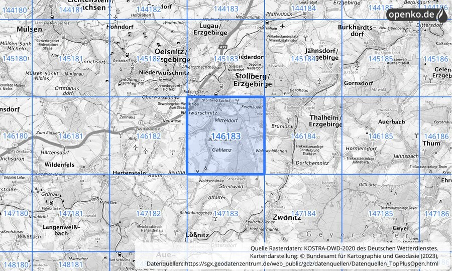Übersichtskarte des KOSTRA-DWD-2020-Rasterfeldes Nr. 146183