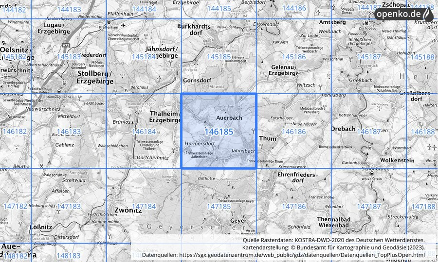 Übersichtskarte des KOSTRA-DWD-2020-Rasterfeldes Nr. 146185