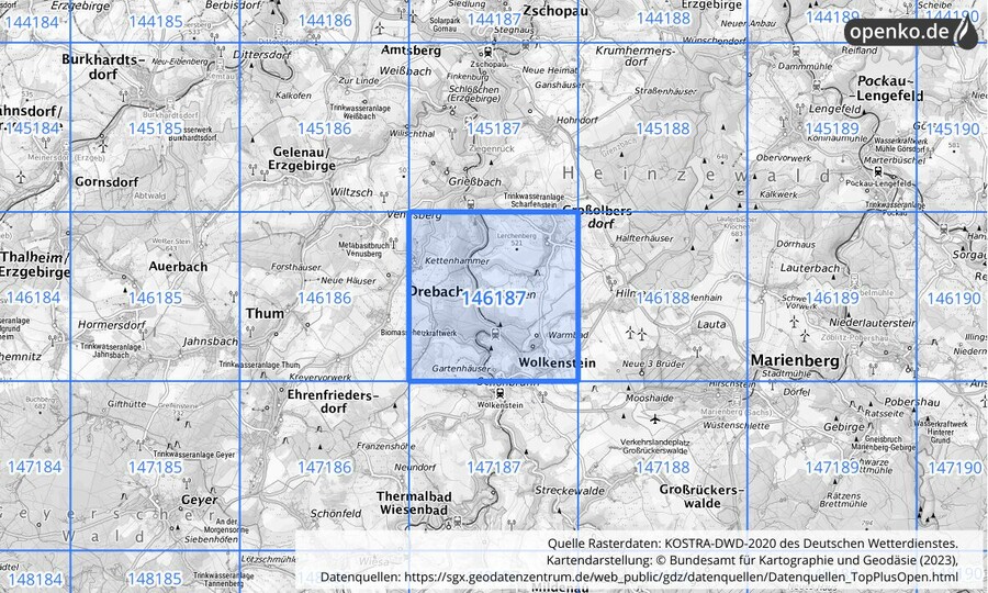 Übersichtskarte des KOSTRA-DWD-2020-Rasterfeldes Nr. 146187