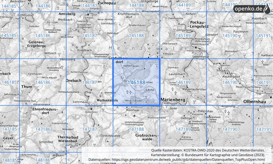 Übersichtskarte des KOSTRA-DWD-2020-Rasterfeldes Nr. 146188