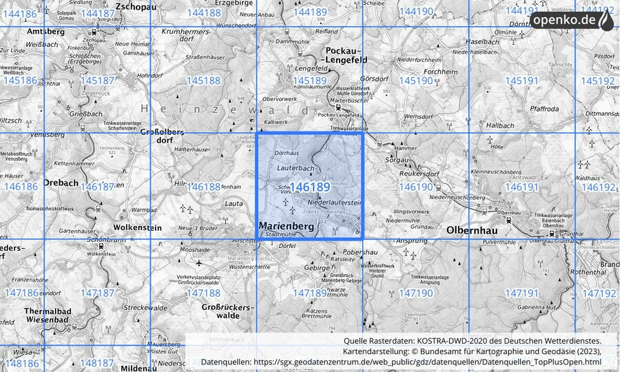 Übersichtskarte des KOSTRA-DWD-2020-Rasterfeldes Nr. 146189