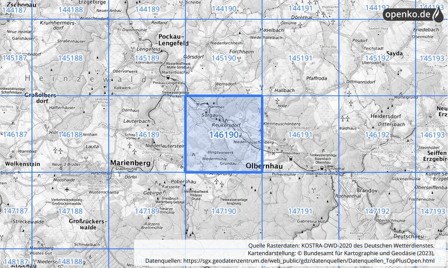 Übersichtskarte des KOSTRA-DWD-2020-Rasterfeldes Nr. 146190