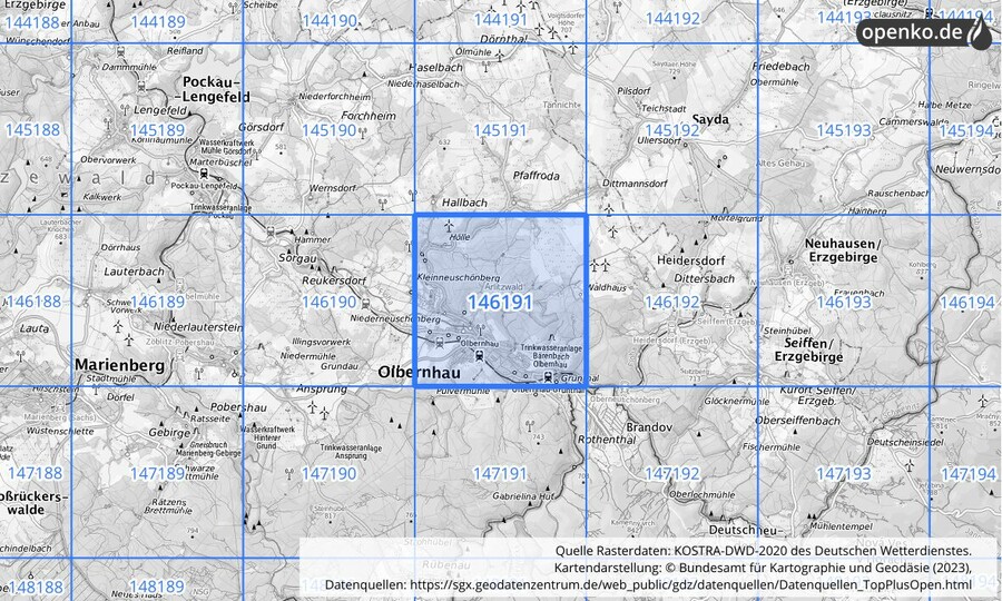 Übersichtskarte des KOSTRA-DWD-2020-Rasterfeldes Nr. 146191