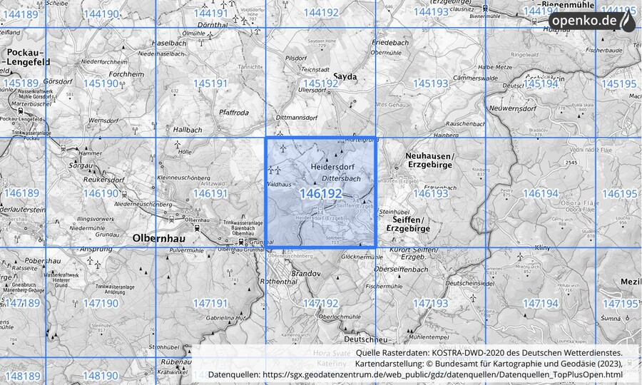 Übersichtskarte des KOSTRA-DWD-2020-Rasterfeldes Nr. 146192