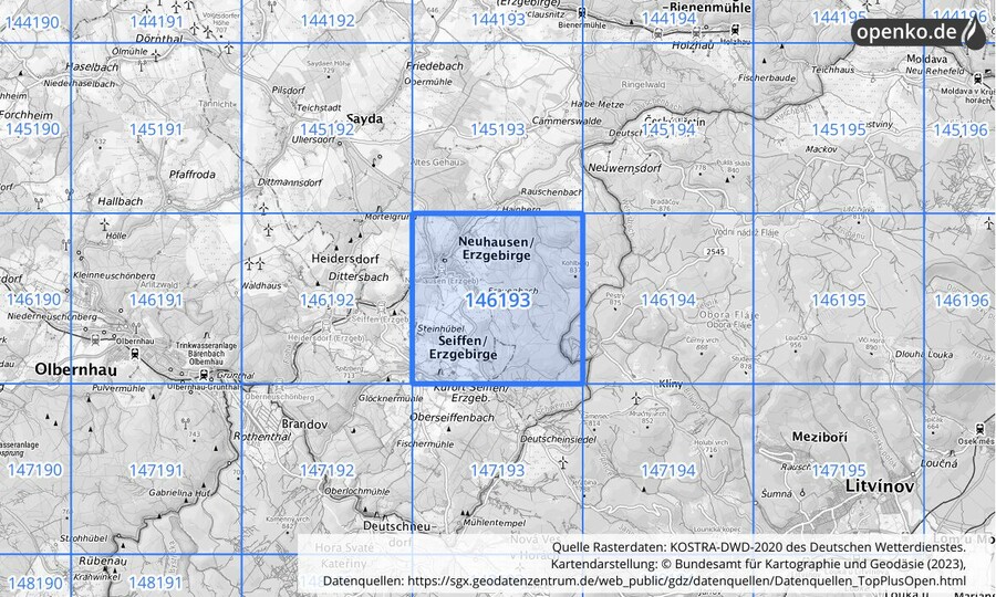 Übersichtskarte des KOSTRA-DWD-2020-Rasterfeldes Nr. 146193