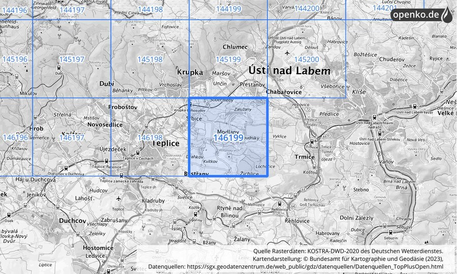 Übersichtskarte des KOSTRA-DWD-2020-Rasterfeldes Nr. 146199