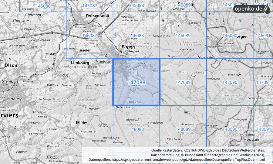 Übersichtskarte des KOSTRA-DWD-2020-Rasterfeldes Nr. 147088