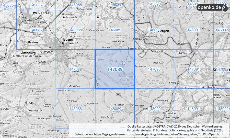 Übersichtskarte des KOSTRA-DWD-2020-Rasterfeldes Nr. 147089