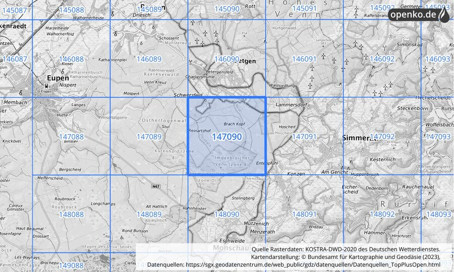 Übersichtskarte des KOSTRA-DWD-2020-Rasterfeldes Nr. 147090