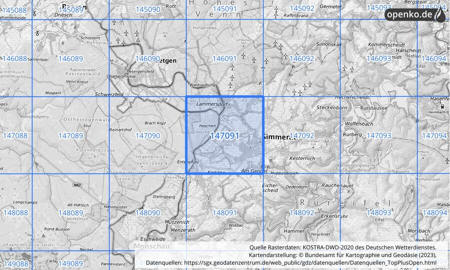 Übersichtskarte des KOSTRA-DWD-2020-Rasterfeldes Nr. 147091
