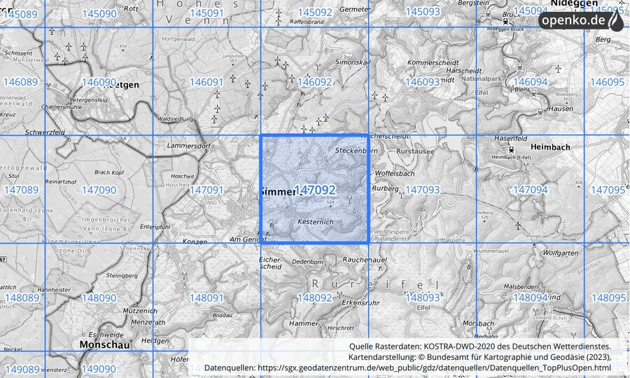 Übersichtskarte des KOSTRA-DWD-2020-Rasterfeldes Nr. 147092