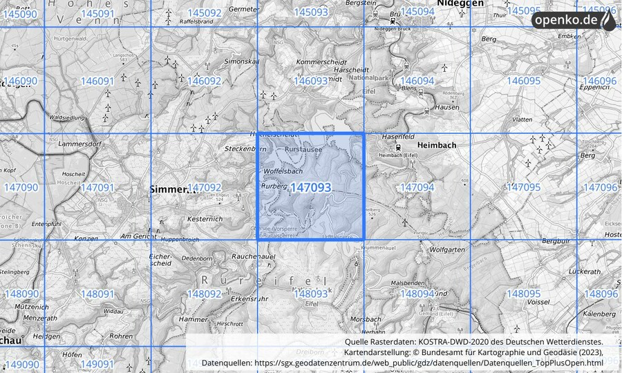 Übersichtskarte des KOSTRA-DWD-2020-Rasterfeldes Nr. 147093