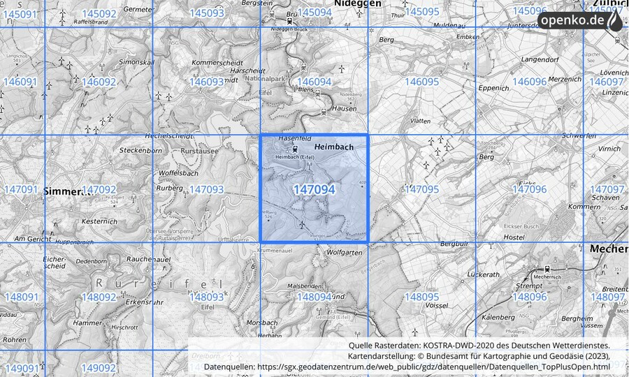 Übersichtskarte des KOSTRA-DWD-2020-Rasterfeldes Nr. 147094