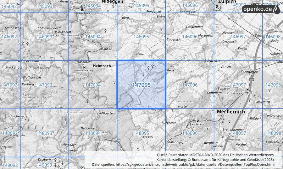 Übersichtskarte des KOSTRA-DWD-2020-Rasterfeldes Nr. 147095