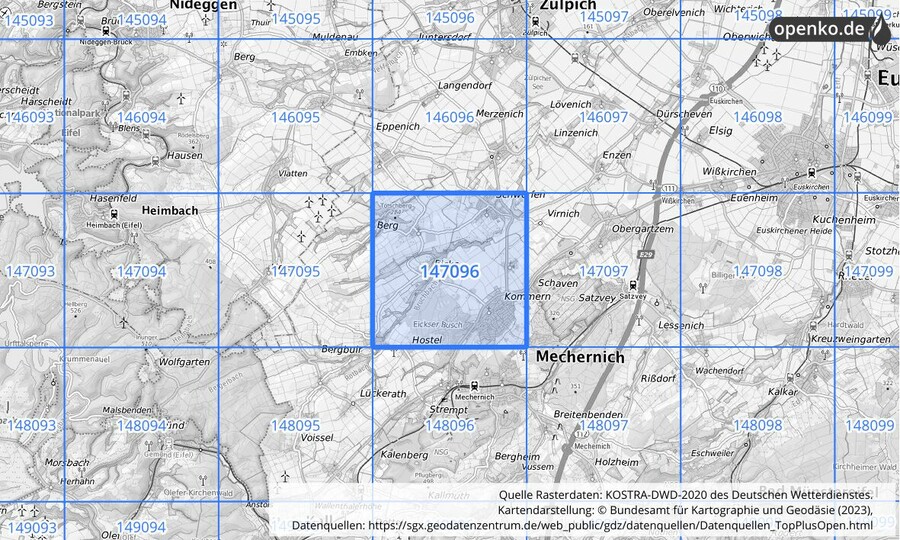 Übersichtskarte des KOSTRA-DWD-2020-Rasterfeldes Nr. 147096