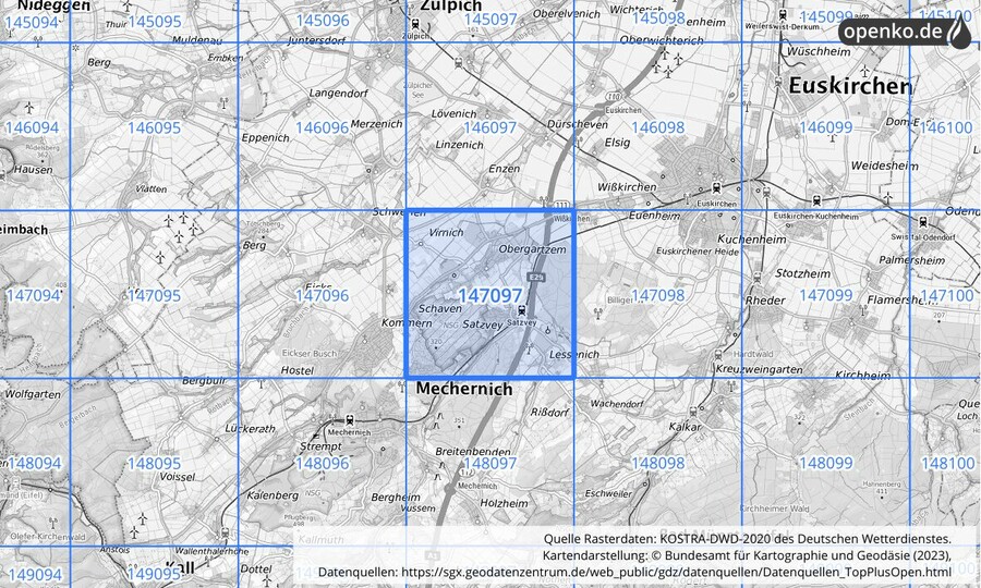 Übersichtskarte des KOSTRA-DWD-2020-Rasterfeldes Nr. 147097